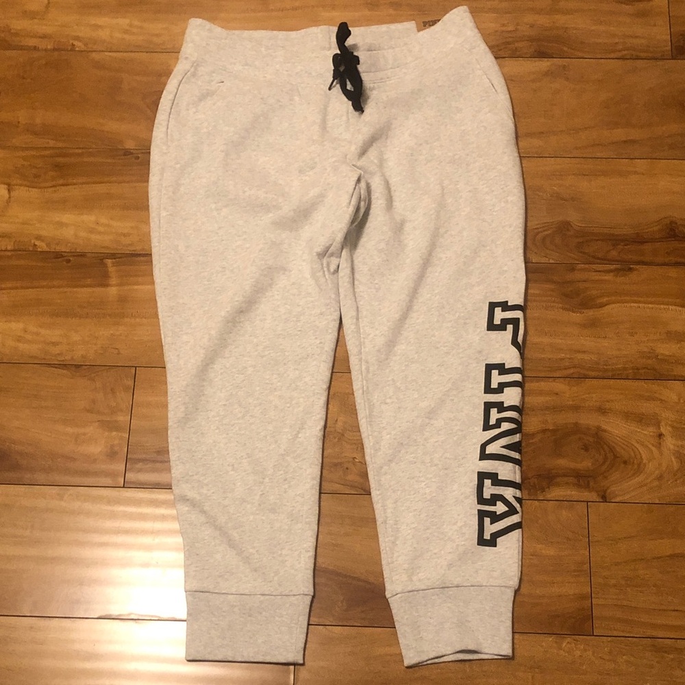 PINK Victoria's Secret Heather Gray Joggers with Black Lettering NWT